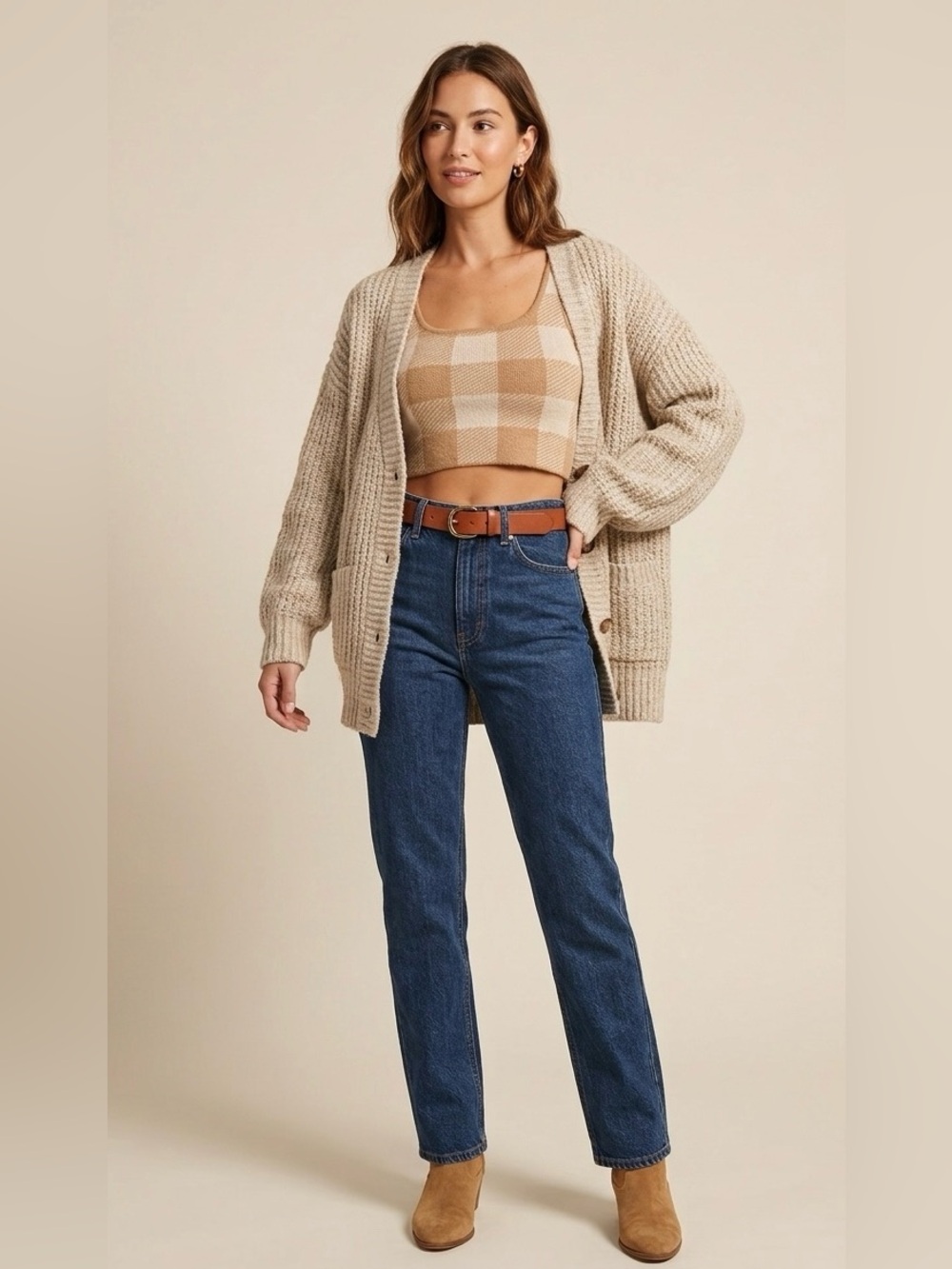 Reformation Plaid Fonte Cashmere Tank in Gossamer & Camel Check